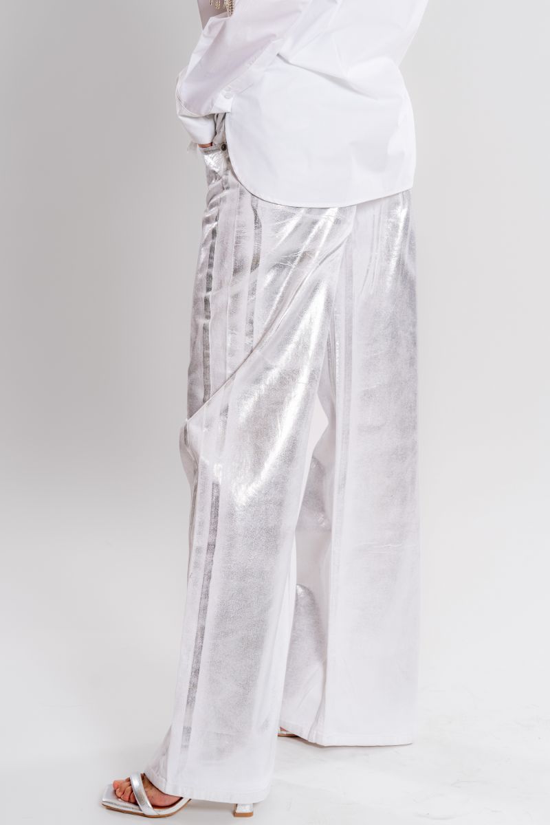 HAVEONE - Pantalone spalmato bianco/argento