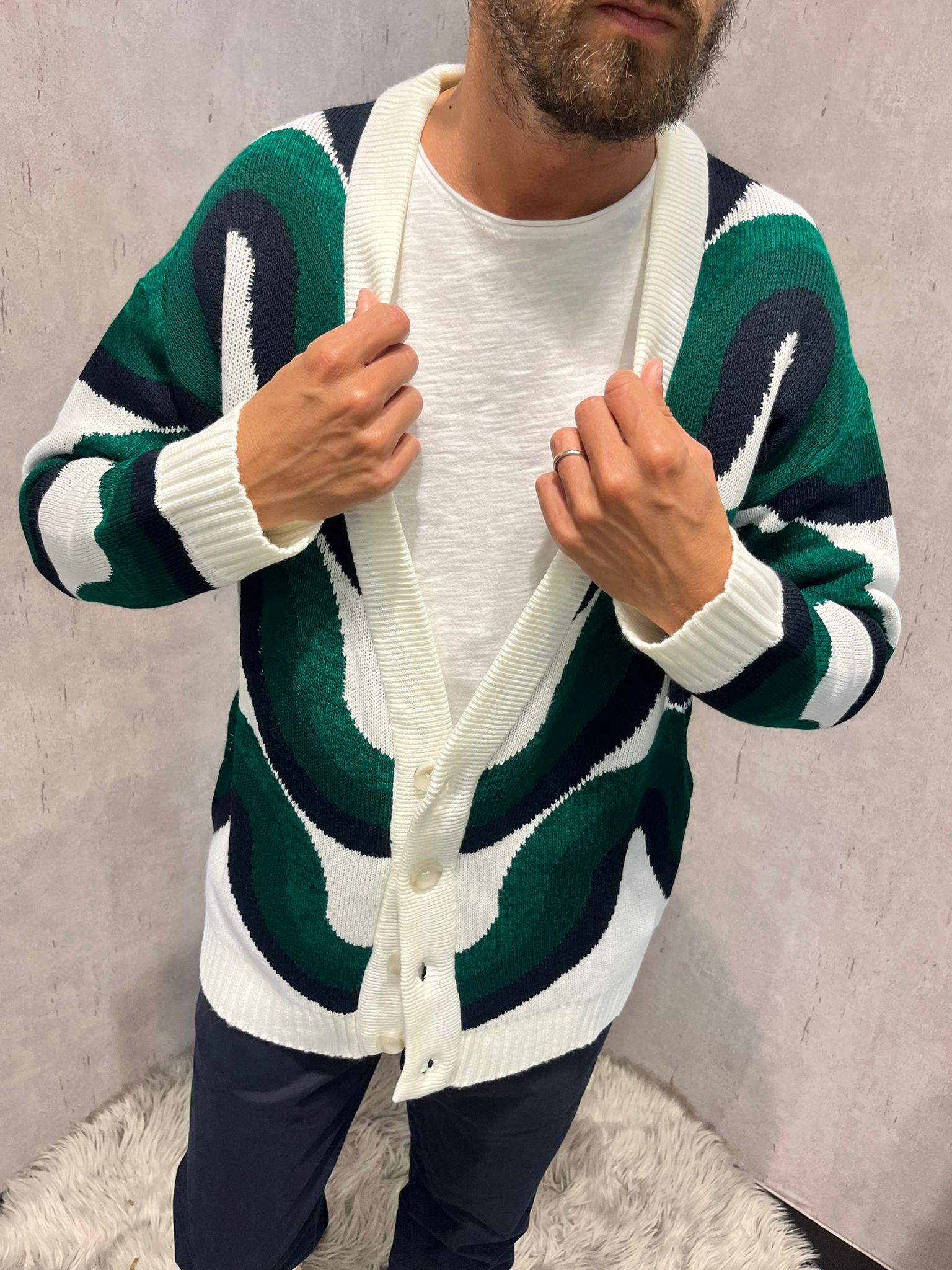 Cardigan onde bianco verde